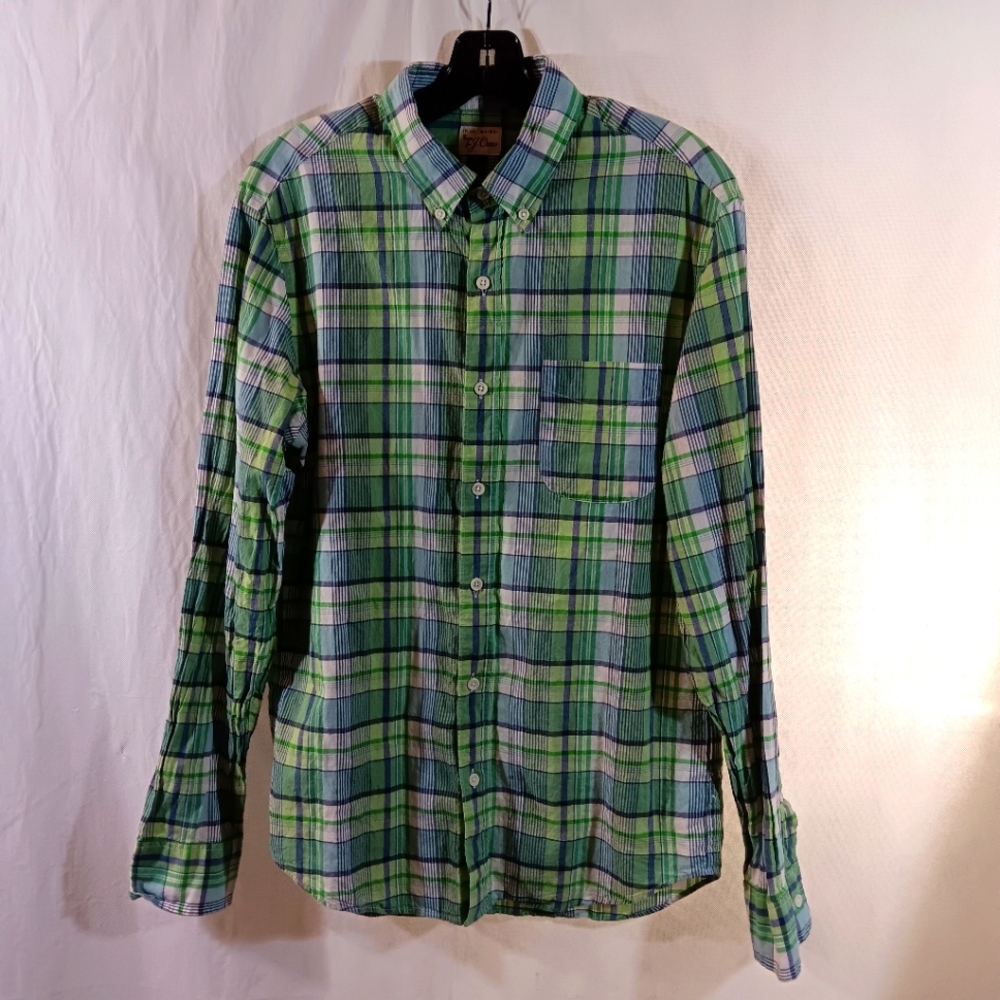 J Crew Mens Medium Shirt Indian Madras Plaid Button Down Green Blue Long Sleeve